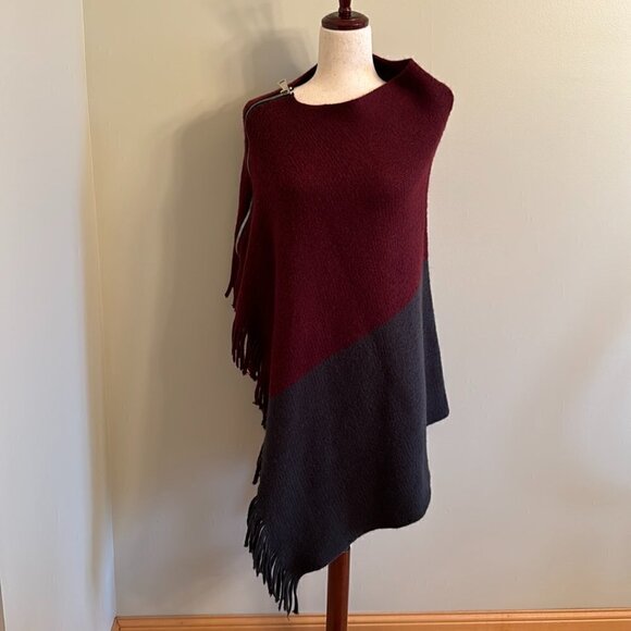 Burgundy and Gray Fringe Poncho with Zipper - Picture 1 of 10